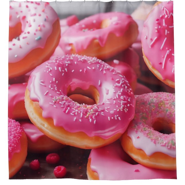 Pink Strawberry Doughnuts Shower Curtain (Front)