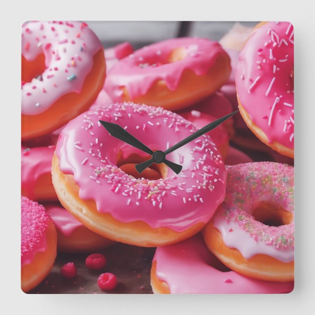 Pink Strawberry Doughnuts Square Wall Clock (Front)