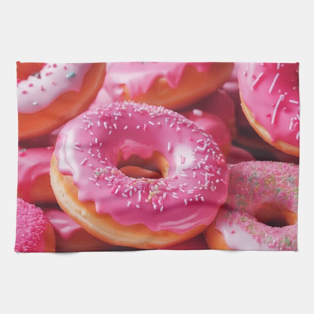 Pink Strawberry Doughnuts Tea Towel (Horizontal)