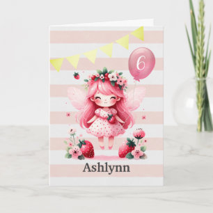 Pink Strawberry Fairy 6th Birthday Card