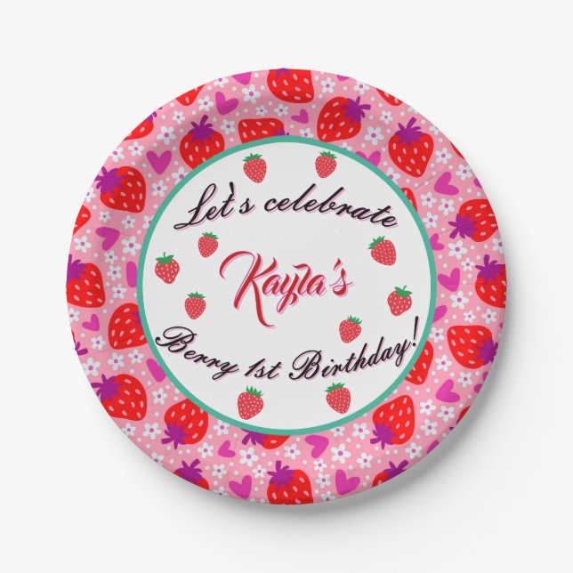 Pink Strawberry First Birthday Party  Paper Plate (Front)