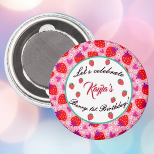 Pink Strawberry First Birthday Party Personalised Magnet