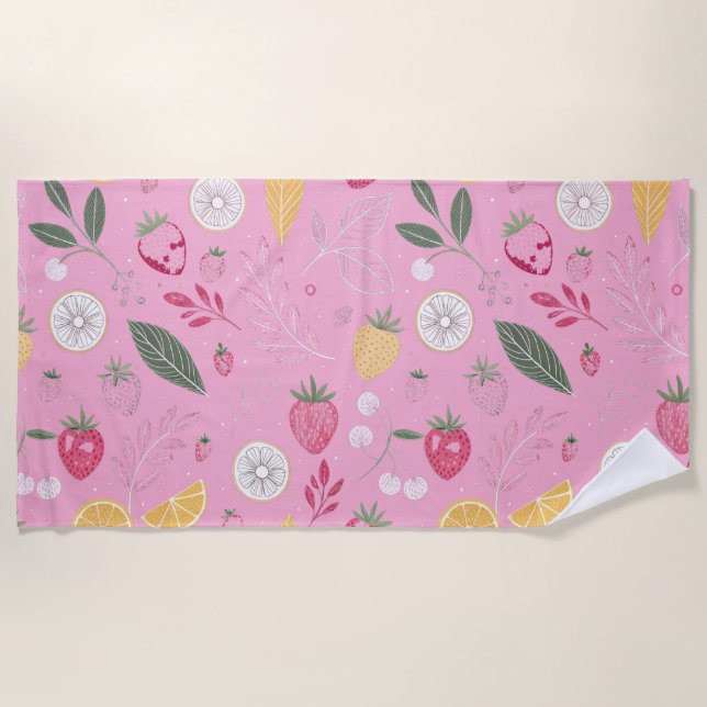 Pink Strawberry & Floral Beach Towel (Front)