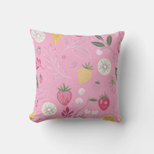 Pink Strawberry & Floral Pattern Throw Pillow