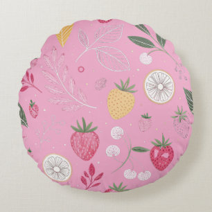 Pink Strawberry & Floral Round Pillow