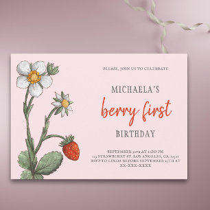 Pink Strawberry Flowers Berry First Birthday  Invitation