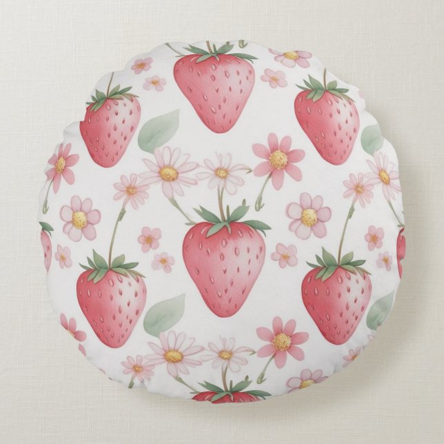 Pink Strawberry flowers Birthday Party for her Round Cushion (Front)