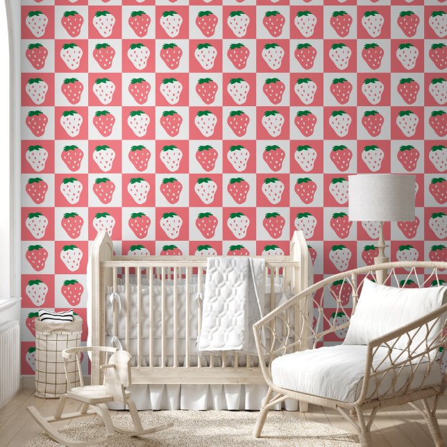 Pink Strawberry Fruit Pattern Kids Nursery Room Wallpaper (Kids)