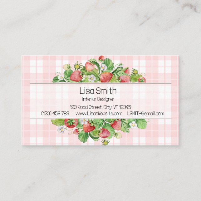 Pink Strawberry Gingham Business Card  (Front)