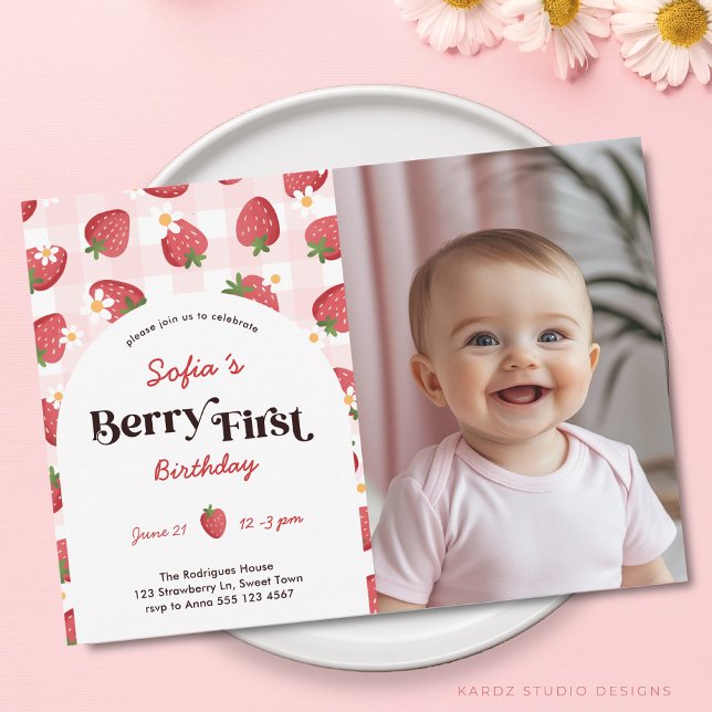 Pink Strawberry Girl Photo Berry 1st Birthday Invitation (Front Invitation is shown in a 5 x 7 inches size. Personalize text, size, paper, and corner style.)