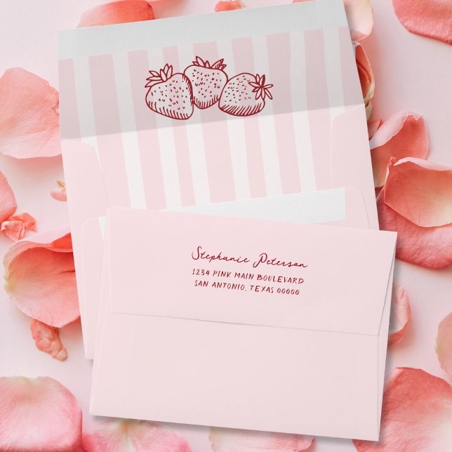 Pink Strawberry Hand Drawn Stripes Addressed Envelope (Creator Uploaded)