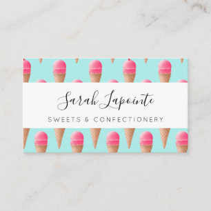 Pink Strawberry Ice Cream Cone Pattern, Blue Business Card