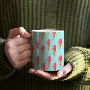 Pink Strawberry Ice Cream Cone Pattern, Blue Coffee Mug