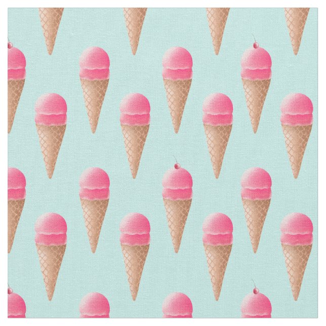 Pink Strawberry Ice Cream Cone Pattern, Blue Fabric (Close Up)