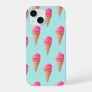 Pink Strawberry Ice Cream Cone Pattern, Blue iPhone 15 Case