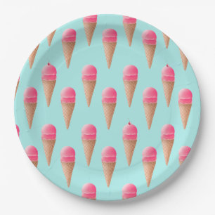 Pink Strawberry Ice Cream Cone Pattern, Blue Paper Plate