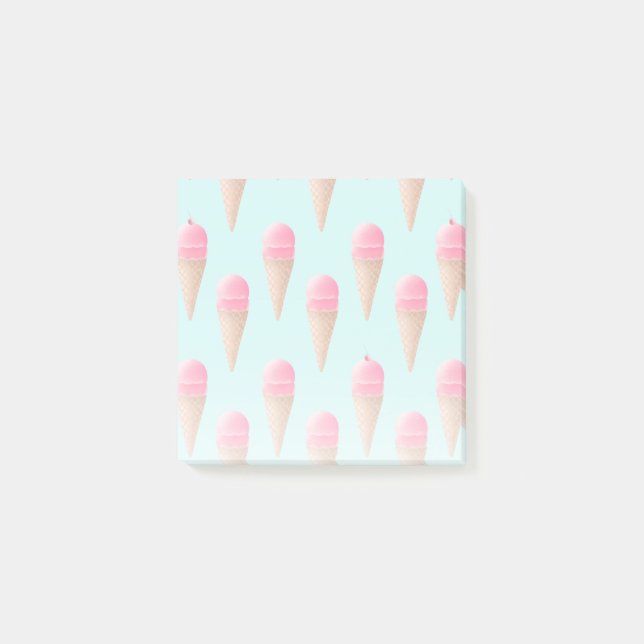 Pink Strawberry Ice Cream Cone Pattern, Blue Post-it Notes (Front)