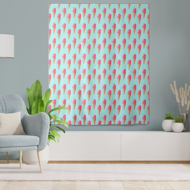 Pink Strawberry Ice Cream Cone Pattern, Blue Tapestry (Pink Ice Cream Cone Tapestry)