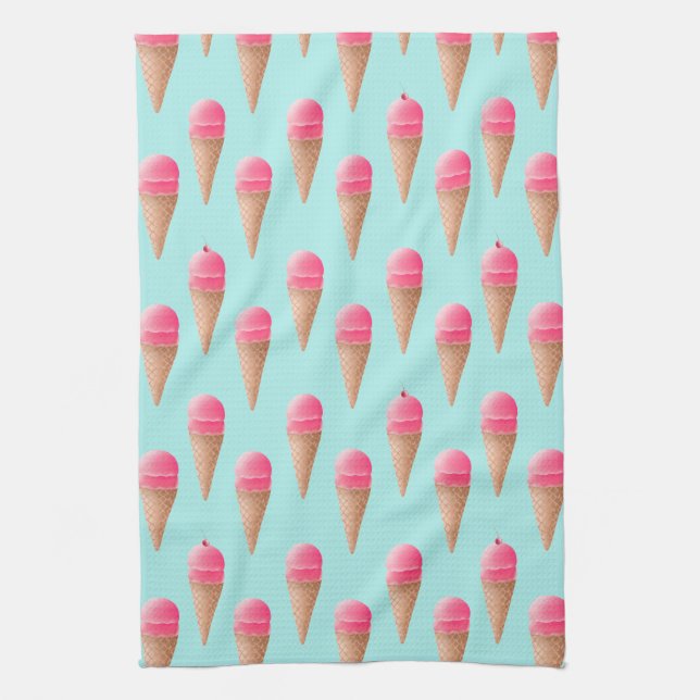 Pink Strawberry Ice Cream Cone Pattern, Blue Tea Towel (Vertical)