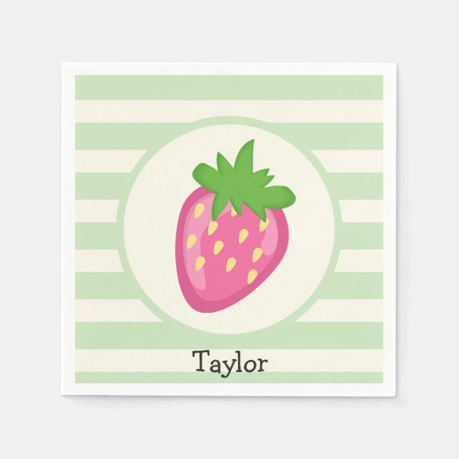 Pink Strawberry; Pastel Green Stripes Napkin (Front)