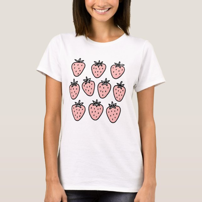Pink Strawberry Pattern – Cute Hand-Drawn Fruit Do T-Shirt (Front)