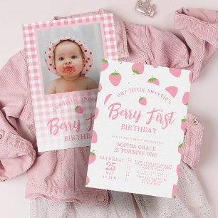 Pink Strawberry Photo Berry First 1st Birthday Invitation