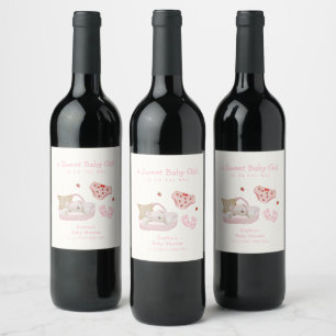 Pink Strawberry Polar Bear Toys Girl Baby Shower Wine Label