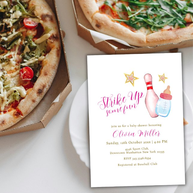 Pink Strike Up Some Fun Bowling Sport Baby Shower  Invitation (Pink Strike Up Some Fun Bowling Sport Baby Shower Invitation)