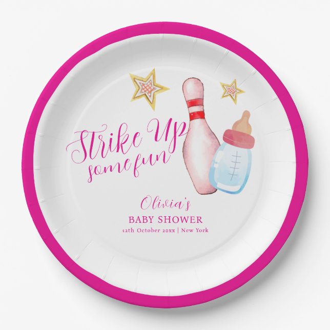 Pink Strike Up Some Fun Bowling Sport Baby Shower  Paper Plate (Front)