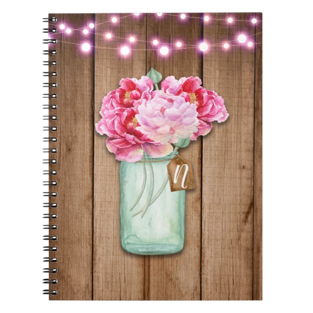 Pink String Lights & Mason Jar Flowers Rustic Wood Spiral Notebook (Front)