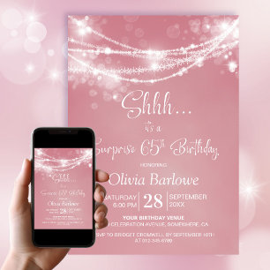 Pink String Lights Surprise 65th Birthday Party Invitation