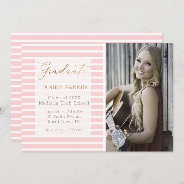 Pink Stripe Add Your Own Photo Graduation Announcement (Front/Back)