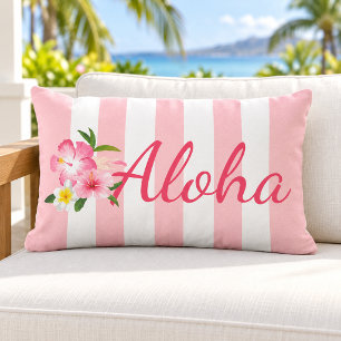 Pink Stripe Aloha Hibiscus Tropical Lumbar Cushion