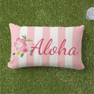 Pink Stripe Aloha Hibiscus Tropical Lumbar Cushion