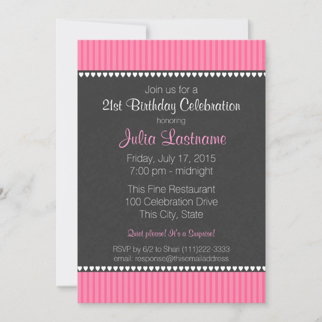 Pink Stripe and Chalk Board Birthday Invitation (Front)