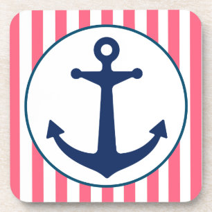 Pink Stripe and Navy Anchor Coaster