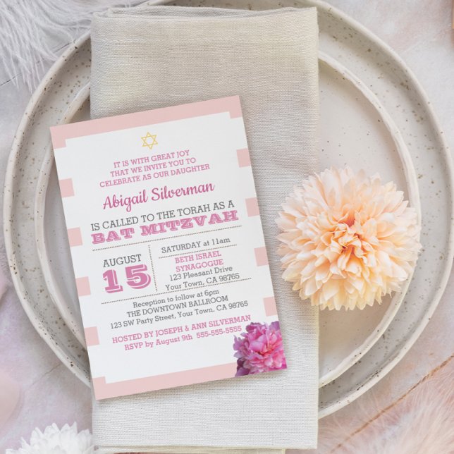 Pink Stripe and Peony Bat Mitzvah Invitation (Creator Uploaded)