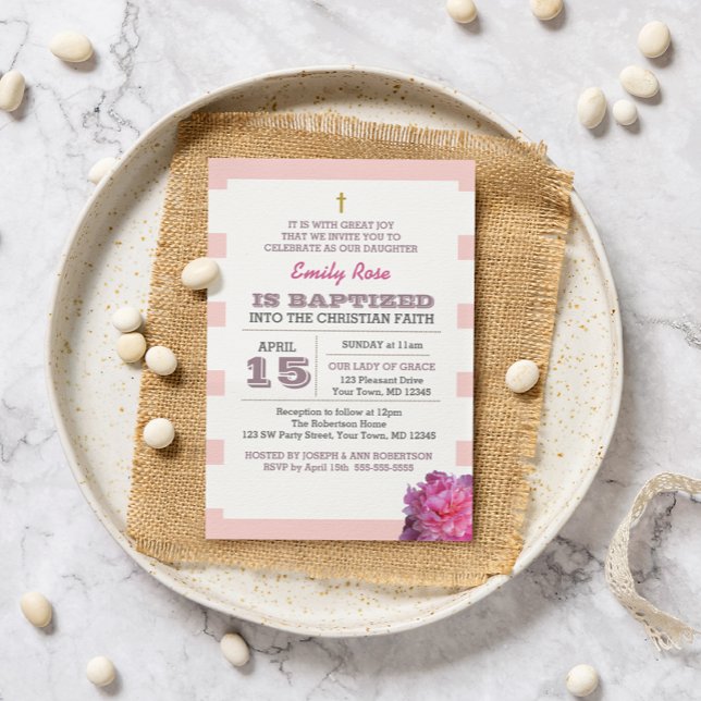 Pink Stripe and Peony Girl Baptism Invitation (Creator Uploaded)