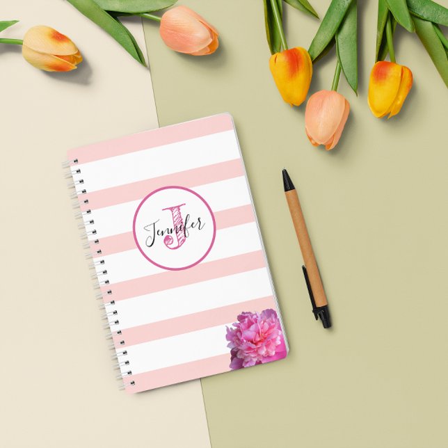 Pink Stripe and Peony Monogrammed Personalised Planner (Creator Uploaded)