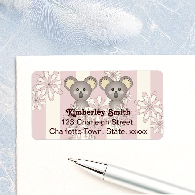 Pink Stripe Baby Koala Twin Girl Return Address Label (Creator Uploaded)