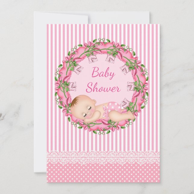 Pink Stripe Baby Shower Invitation with Sleeping (Front)