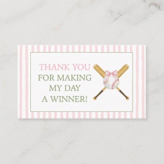 Pink Stripe Baseball Thank You Gift Favour Card