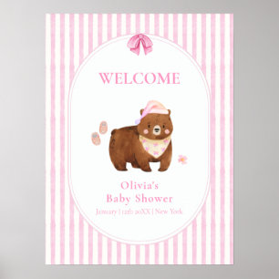 Pink Stripe Bearly Wait Girl Baby Shower Welcome Poster