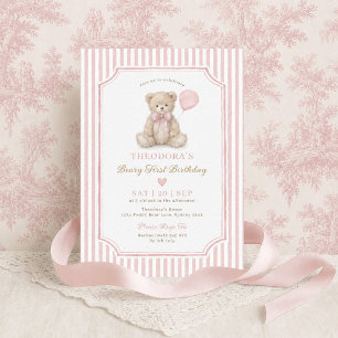Pink Stripe Beary First Birthday Teddy Bear Party Invitation