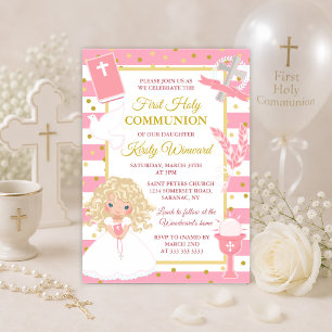 Pink Stripe Blonde Girl First Holy Communion Invitation