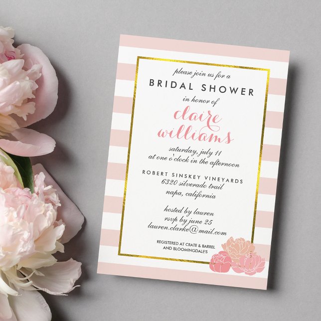 Pink Stripe & Blush Peony Bridal Shower Invitation (Creator Uploaded)