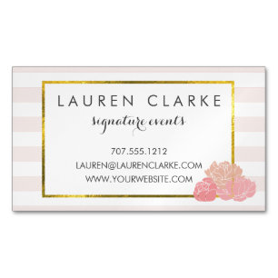 Pink Stripe & Blush Peony Magnetic Business Cards