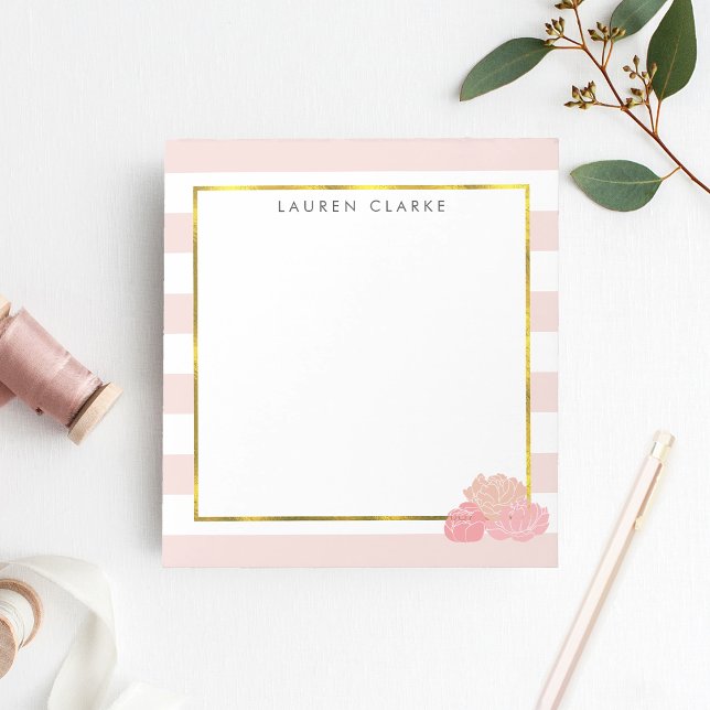 Pink Stripe & Blush Peony Personalised Notepad (Creator Uploaded)
