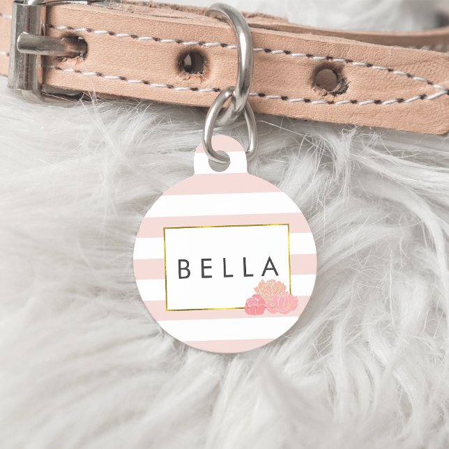Pink Stripe & Blush Peony Personalised Pet Tag (Creator Uploaded)