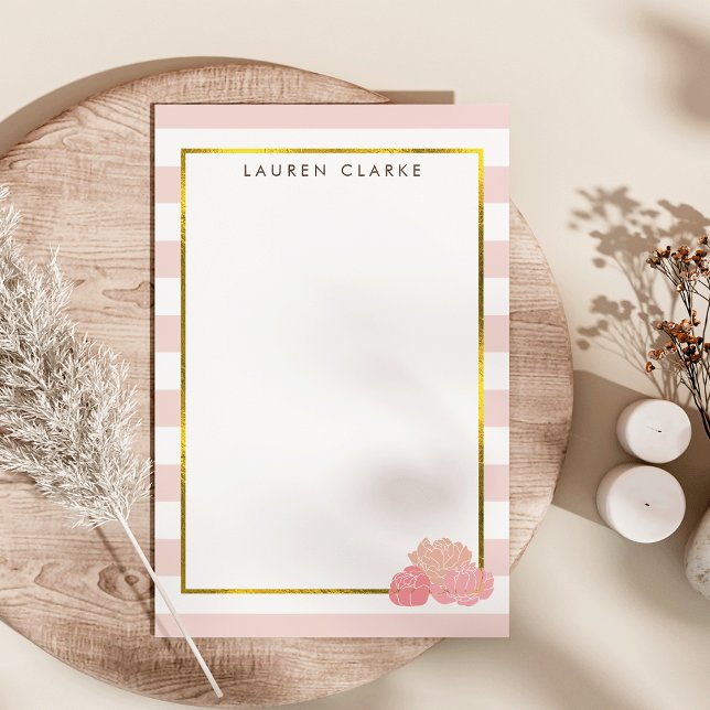 Pink Stripe & Blush Peony Personalised Stationery (Creator Uploaded)